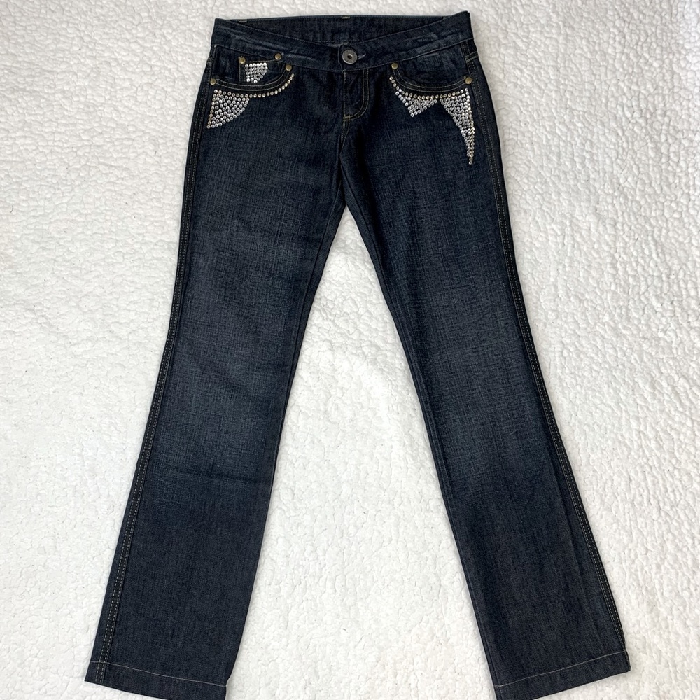 CLINK Jeans London Womens 26 Straight Blue Jeans With Rhinestones Made In Italy